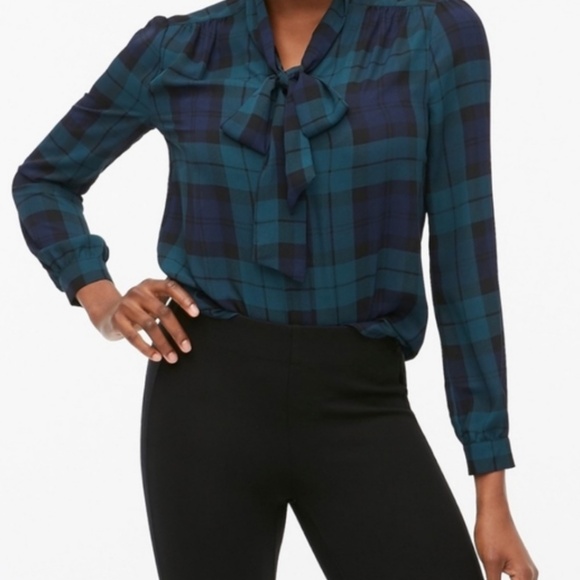 J. Crew Factory Tops - J. Crew Factory Black Watch Plaid Bow Neck Button Front Blouse (XL)